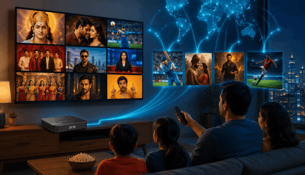Family watching Indian IPTV channels on smart TV